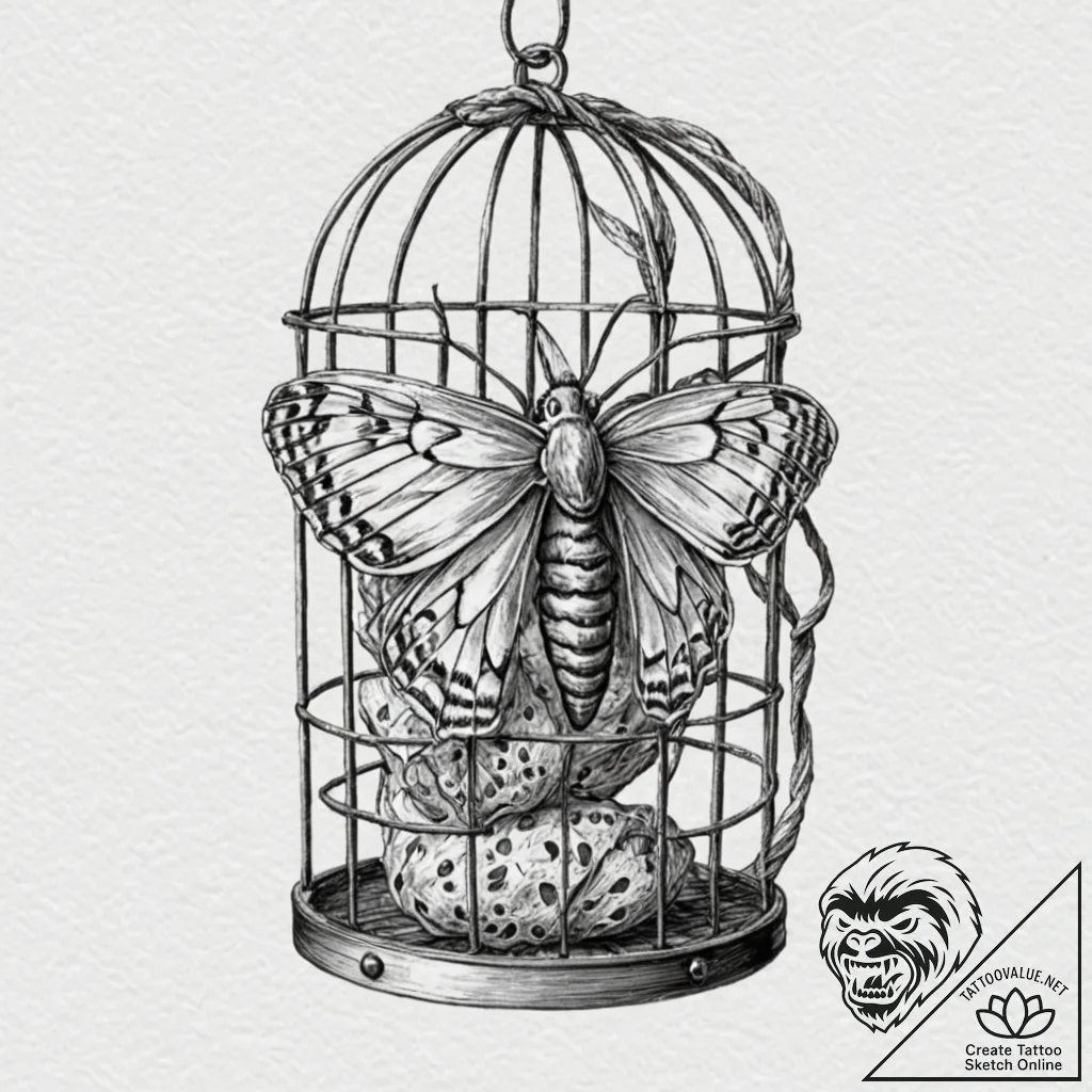 Moth cocoon within iron cage, tattoo flash sh... - tattoo sketch (№1753489166_0, 26.07.2025 00:19) — tattoovalue.net