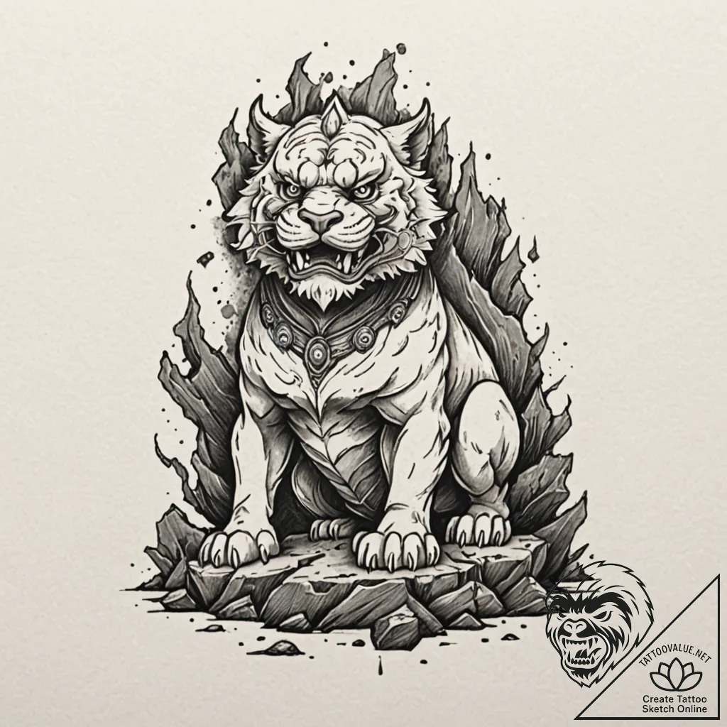Komainu guardian crumbling in ruins, tattoo l... - tattoo sketch (№1753489554_0, 26.07.2025 00:25) — tattoovalue.net