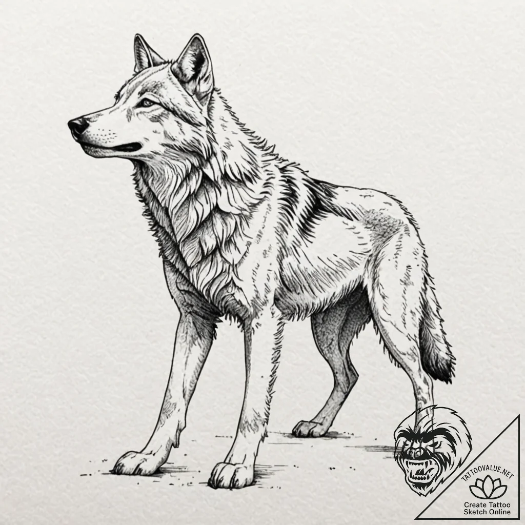 Animated wolf lunging from shadows, ink illus... - tattoo sketch (№1753489748_0, 26.07.2025 00:29) — tattoovalue.net