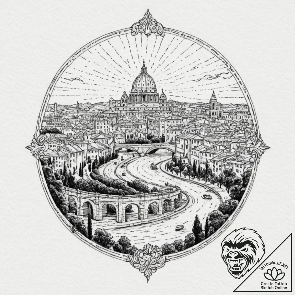 Eternal city of rome, depicted in a vaporwave... - tattoo sketch (№1753489942_0, 26.07.2025 00:32) — tattoovalue.net
