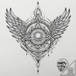 Etched wings above burning city, tattoo flash… – tattoo sketch (№1753490731_0, 26.07.2025 00:45) — tattoovalue.net