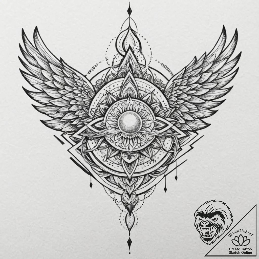 Etched wings above burning city, tattoo flash... - tattoo sketch (№1753490731_0, 26.07.2025 00:45) — tattoovalue.net