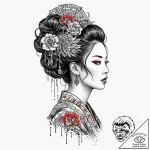 Dystopian geisha with a barcode tattooed on h… – tattoo sketch (№1753491925_0, 26.07.2025 01:05) — tattoovalue.net