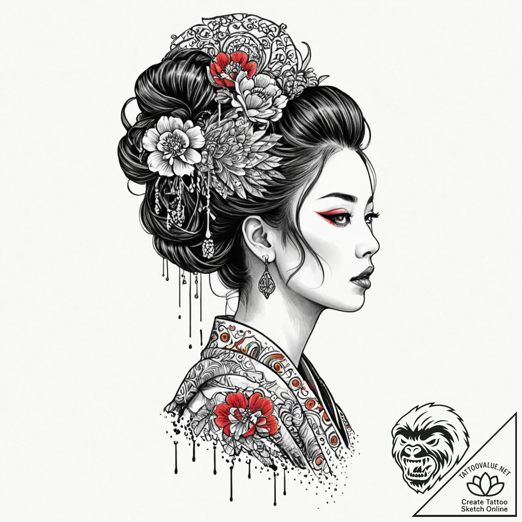 Dystopian geisha with a barcode tattooed on h... - tattoo sketch (№1753491925_0, 26.07.2025 01:05) — tattoovalue.net