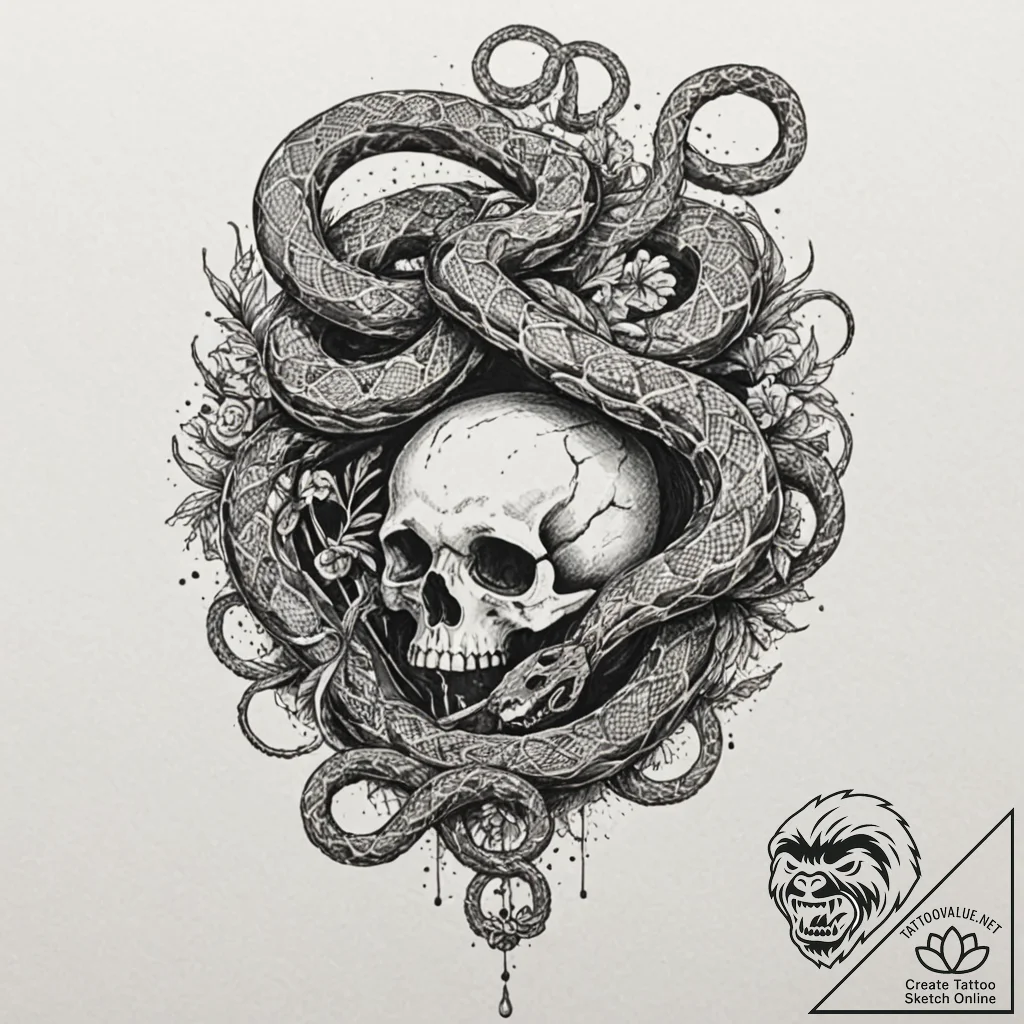 Ashen serpent slithering over skull, artistic... - tattoo sketch (№1753492333_0, 26.07.2025 01:12) — tattoovalue.net