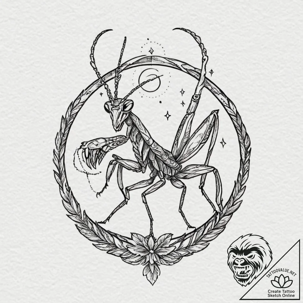 Mantis claw beneath celestial eye, artistic t... - tattoo sketch (№1753492930_0, 26.07.2025 01:22) — tattoovalue.net