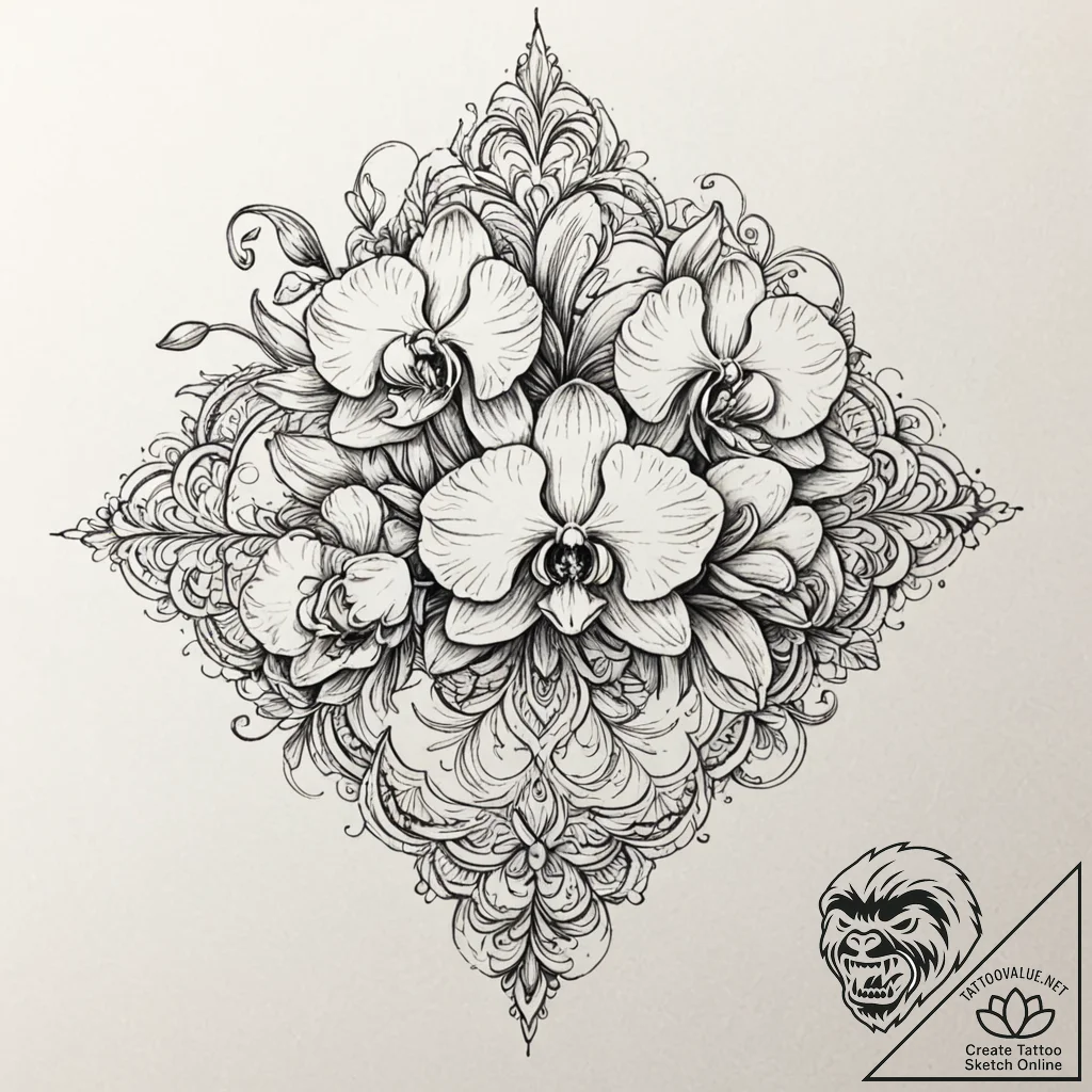 Orchid, artistic tattoo sketch, dynamic compo... - tattoo sketch (№1753494296_0, 26.07.2025 01:44) — tattoovalue.net