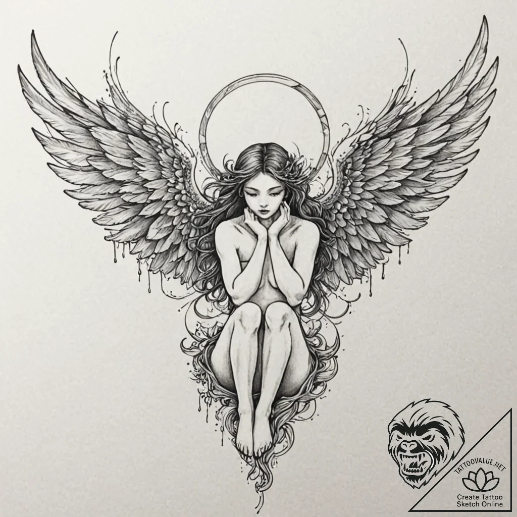 Fallen angel with tattered wings, tattoo sket... - tattoo sketch (№1753496940_0, 26.07.2025 02:29) — tattoovalue.net