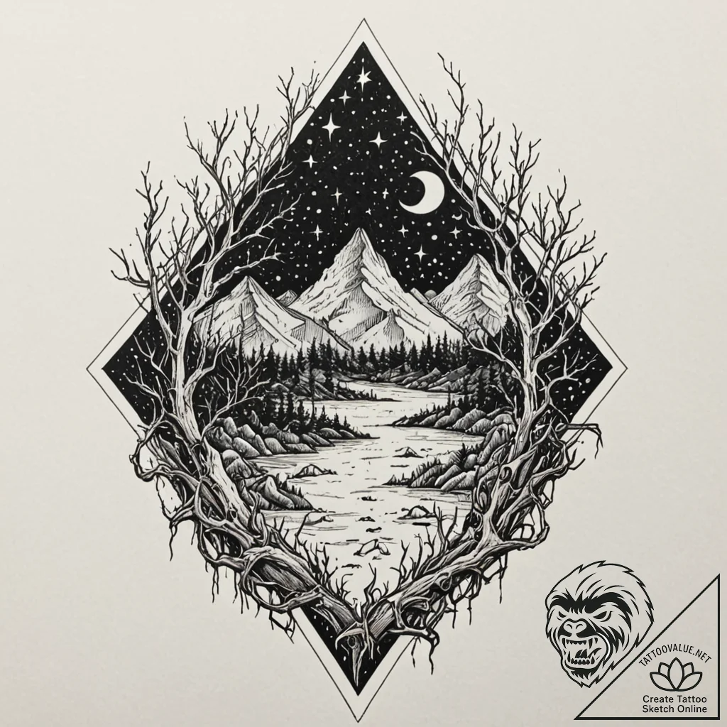 Palisade of bones beneath starlight, ink illu... - tattoo sketch (№1753497148_0, 26.07.2025 02:32) — tattoovalue.net