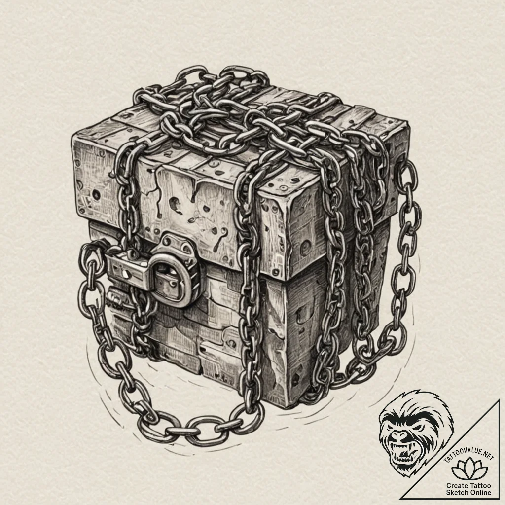 Puzzle box bound with chains, tattoo drawing... - tattoo sketch (№1753497345_0, 26.07.2025 02:35) — tattoovalue.net