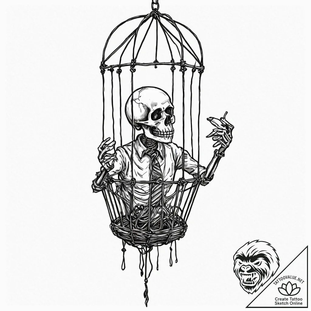 Puppet strings tangled in bone cage, artistic... - tattoo sketch (№1753498367_0, 26.07.2025 02:52) — tattoovalue.net
