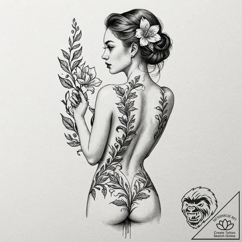 Woman's back with a spine depicted as a bloom... - tattoo sketch (№1753498952_0, 26.07.2025 03:02) — tattoovalue.net
