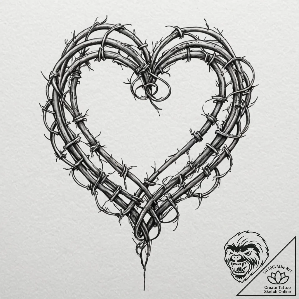 Barbed wire heart, artistic tattoo sketch, or... - tattoo sketch (№1753500128_0, 26.07.2025 03:22) — tattoovalue.net