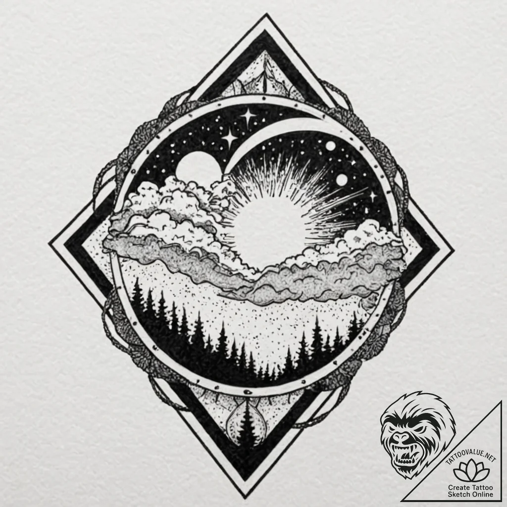 Ice banner beneath celestial storm, tattoo li... - tattoo sketch (№1753500332_0, 26.07.2025 03:25) — tattoovalue.net
