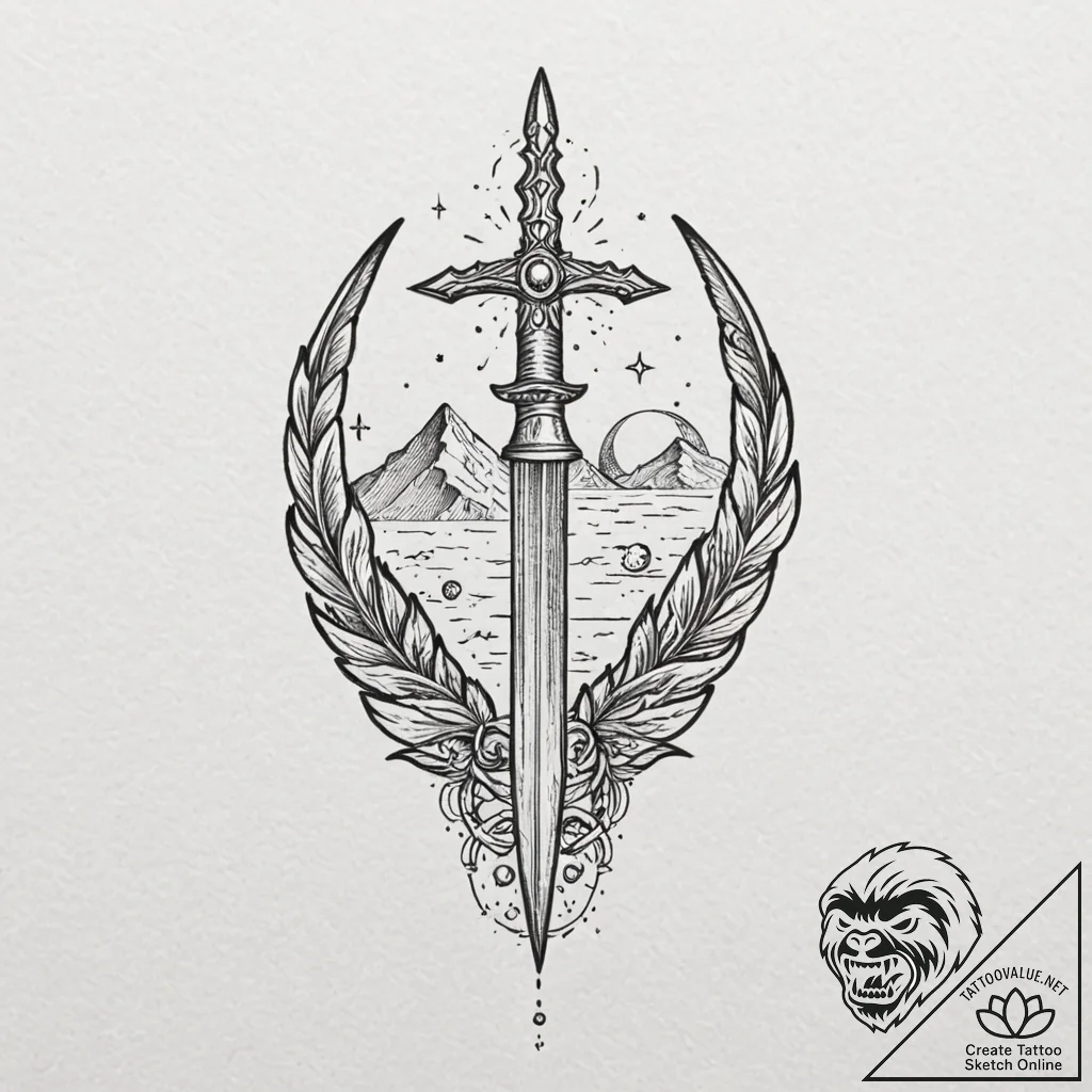 Hallowed dagger beneath celestial gate, ink i... - tattoo sketch (№1753500536_0, 26.07.2025 03:28) — tattoovalue.net