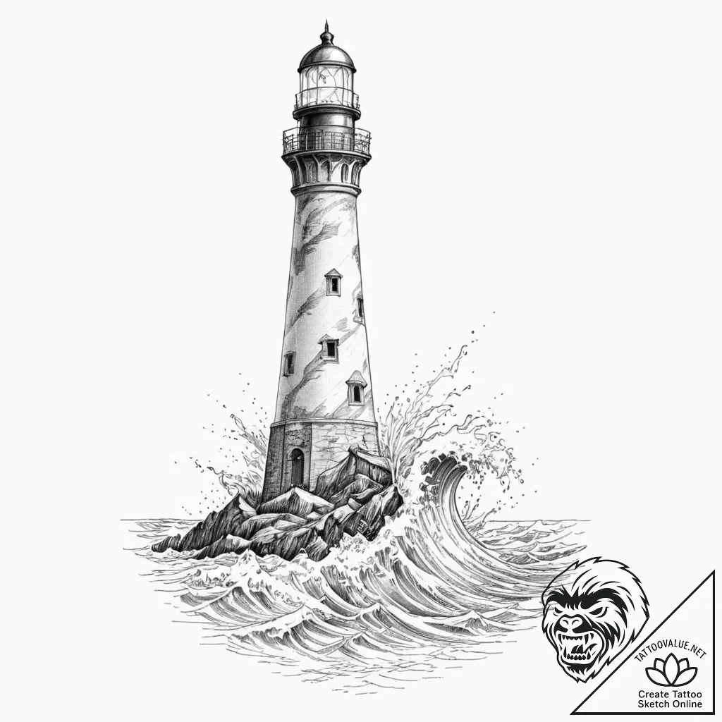 Lighthouse collapsing beneath waves, tattoo s... - tattoo sketch (№1753502119_0, 26.07.2025 03:55) — tattoovalue.net