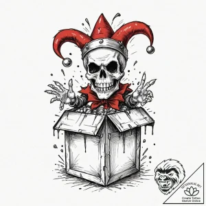 Jack-in-the-box with a jester’s skull popping… – tattoo sketch (№1753503106_0, 26.07.2025 04:11) — tattoovalue.net