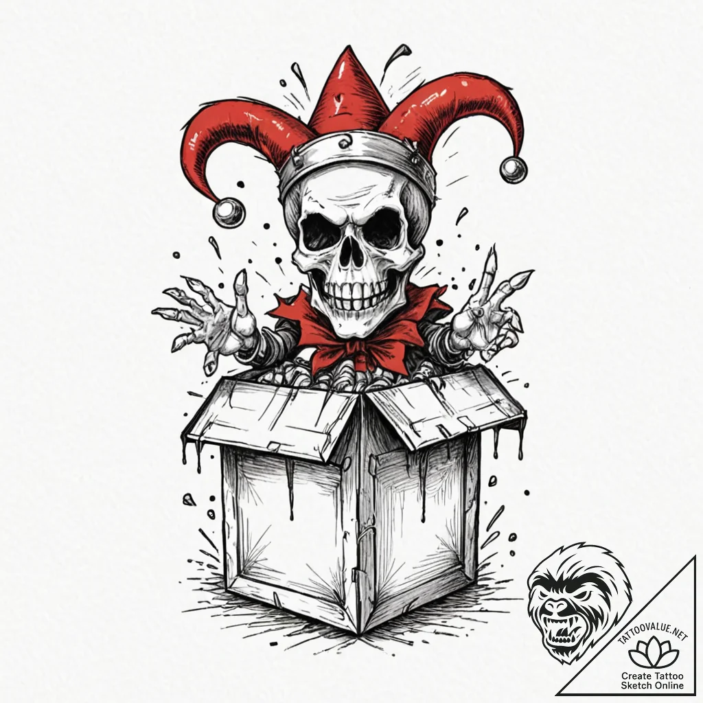 Jack-in-the-box with a jester's skull popping... - tattoo sketch (№1753503106_0, 26.07.2025 04:11) — tattoovalue.net