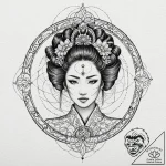 Cyborg geisha, tattoo line art, stylized inte… – tattoo sketch (№1753503510_0, 26.07.2025 04:18) — tattoovalue.net