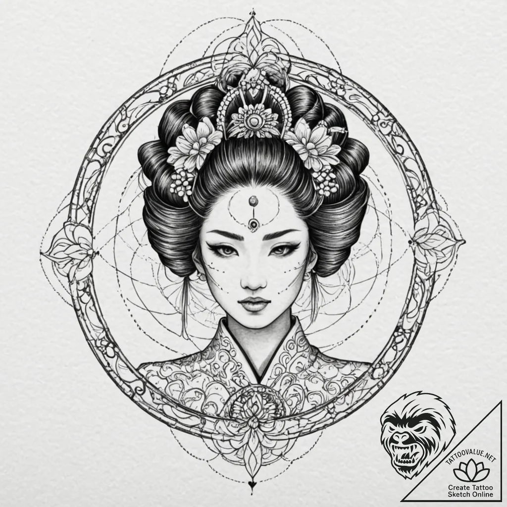 Cyborg geisha, tattoo line art, stylized inte... - tattoo sketch (№1753503510_0, 26.07.2025 04:18) — tattoovalue.net
