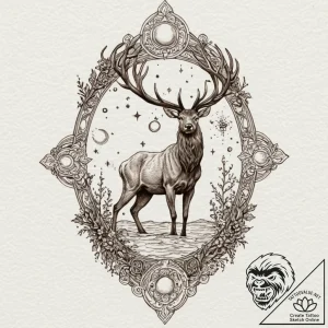 Angelic stag stepping through celestial pool,… – tattoo sketch (№1753503912_0, 26.07.2025 04:25) — tattoovalue.net