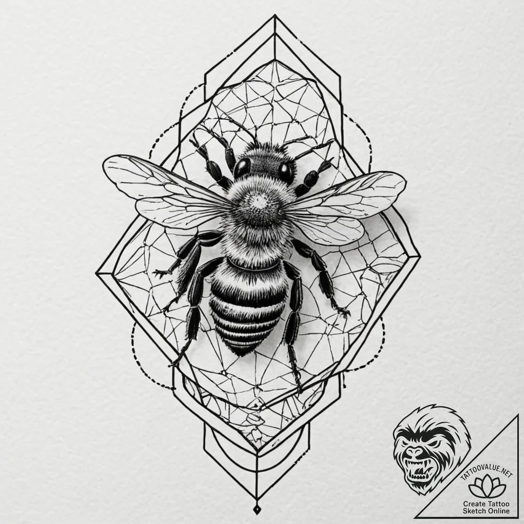 Honeybee on a honeycomb of geometric patterns... - tattoo sketch (№1753504688_0, 26.07.2025 04:38) — tattoovalue.net