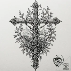 Palisade overgrown with thorned vines, ink il… – tattoo sketch (№1753505286_0, 26.07.2025 04:48) — tattoovalue.net