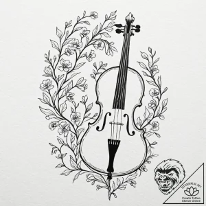 Cello with its strings turning into blossomin… – tattoo sketch (№1753506077_0, 26.07.2025 05:01) — tattoovalue.net