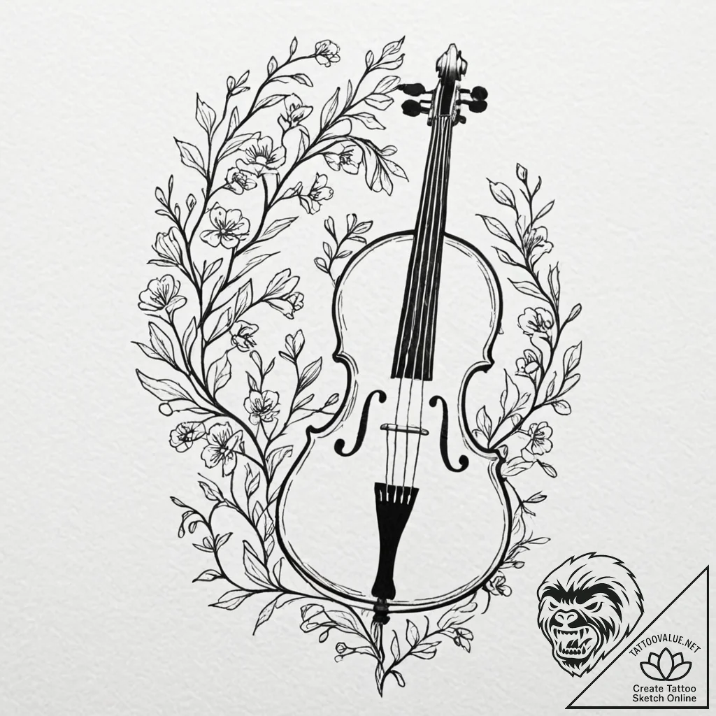 Cello with its strings turning into blossomin... - tattoo sketch (№1753506077_0, 26.07.2025 05:01) — tattoovalue.net