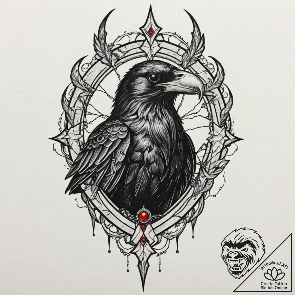 Onyx raven perched on cracked helm, tattoo fl... - tattoo sketch (№1753506465_0, 26.07.2025 05:07) — tattoovalue.net