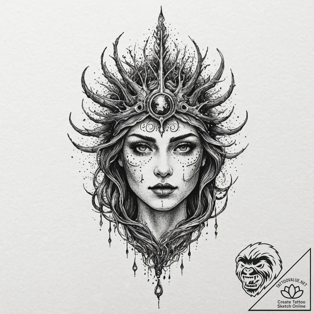 Rooted helm beneath spectral mist, ink illust... - tattoo sketch (№1753507053_0, 26.07.2025 05:17) — tattoovalue.net