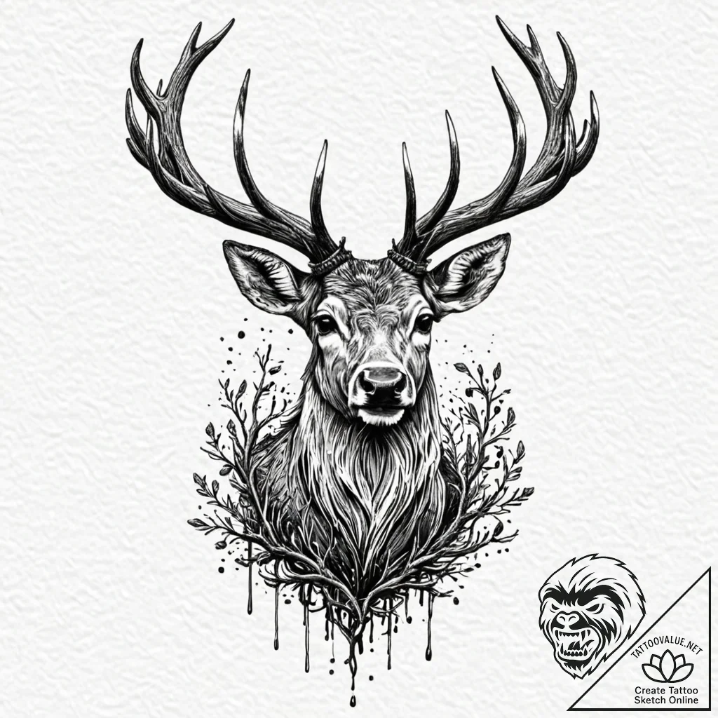 Dark stag crowned with roots, tattoo drawing... - tattoo sketch (№1753507252_0, 26.07.2025 05:20) — tattoovalue.net