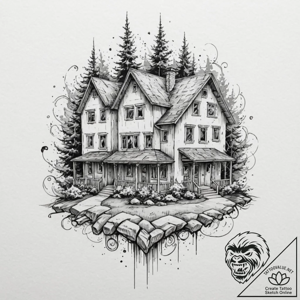 Blueprint of a family home, rendered with pre... - tattoo sketch (№1753507652_0, 26.07.2025 05:27) — tattoovalue.net