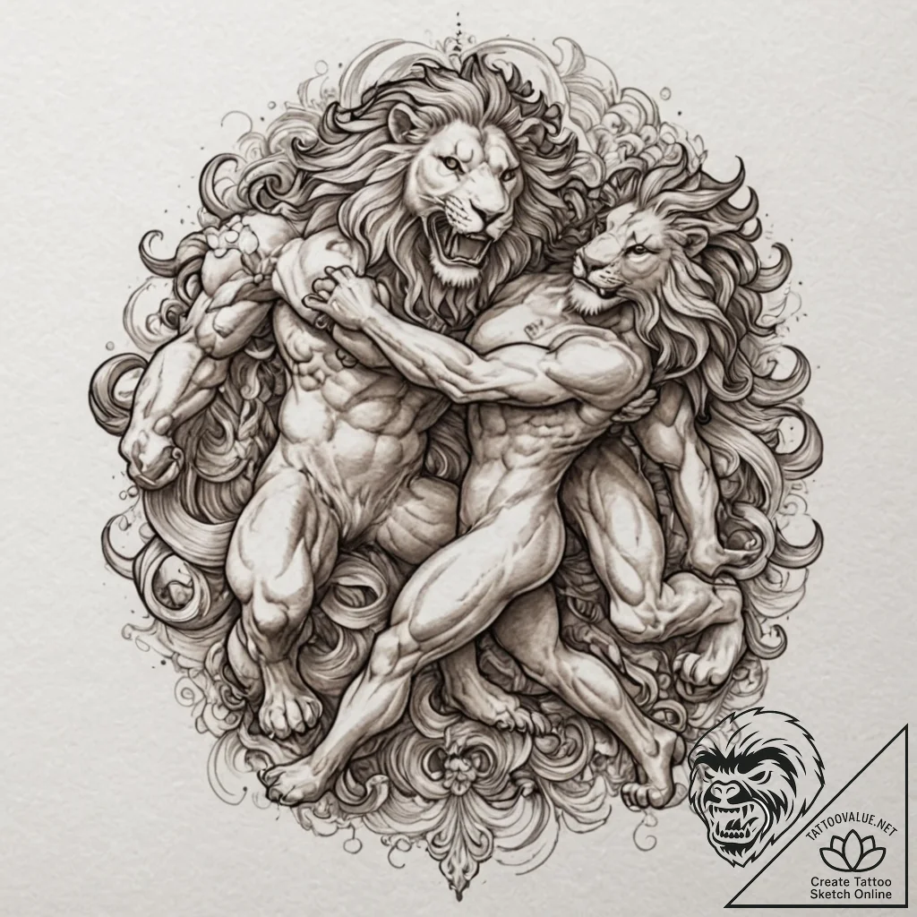 Heracles battling the nemean lion, ink illust... - tattoo sketch (№1753509660_0, 26.07.2025 06:01) — tattoovalue.net