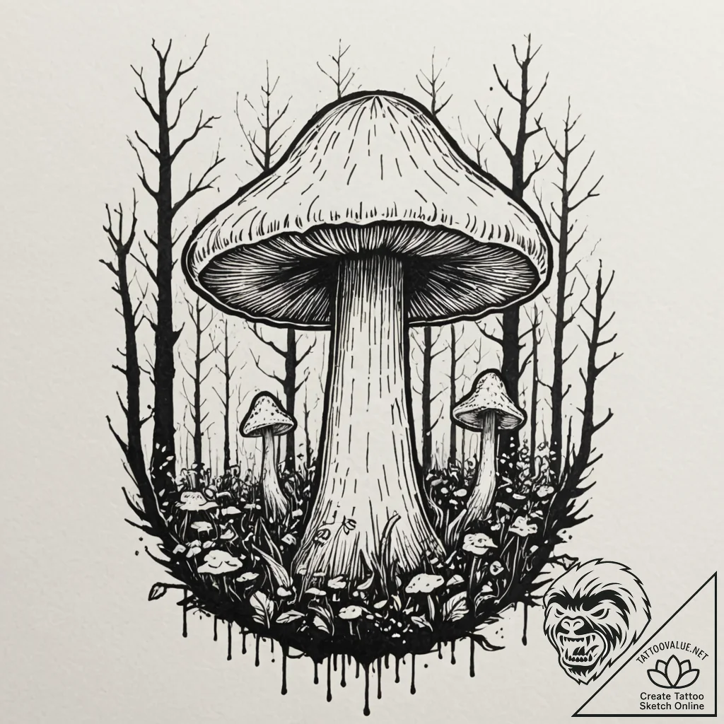 A mystical blue mushroom glowing in a dark fo... - tattoo sketch (№1753510471_0, 26.07.2025 06:14) — tattoovalue.net