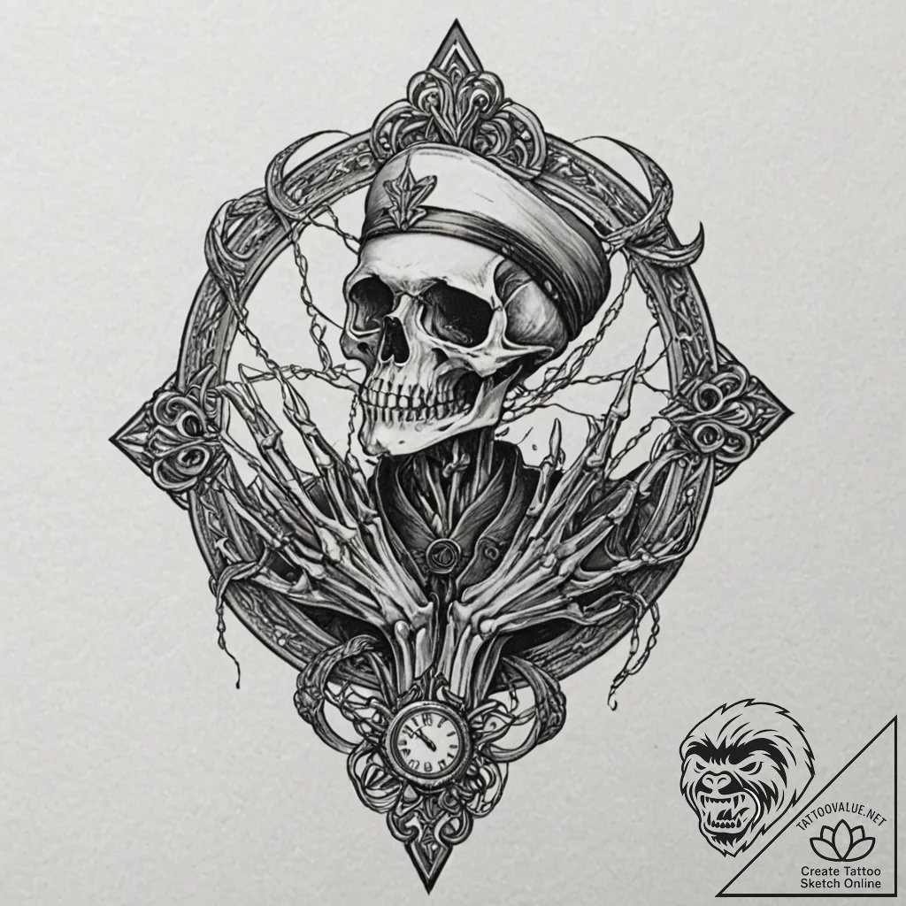 Broken timepiece with skeletal hands, tattoo... - tattoo sketch (№1753510669_0, 26.07.2025 06:17) — tattoovalue.net