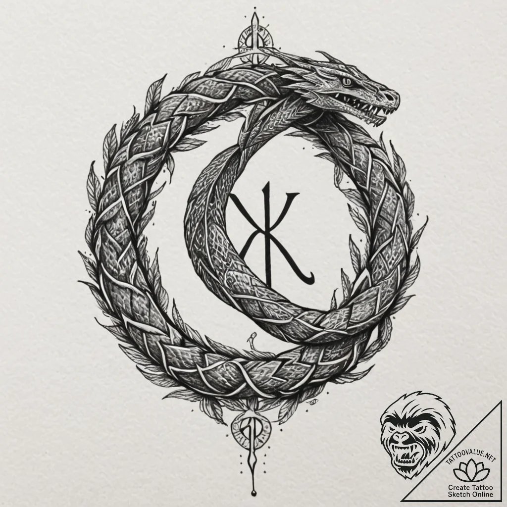 Black serpent devouring rune, ink illustratio... - tattoo sketch (№1753510866_0, 26.07.2025 06:21) — tattoovalue.net