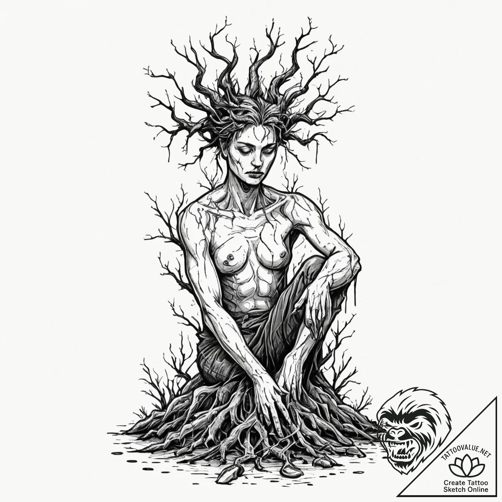 Ruined statue devoured by roots, artistic tat... - tattoo sketch (№1753511070_0, 26.07.2025 06:24) — tattoovalue.net