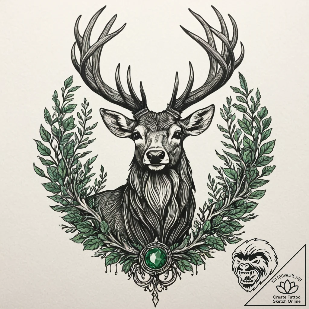 Emerald stag crowned in roots, ink illustrati... - tattoo sketch (№1753511272_0, 26.07.2025 06:27) — tattoovalue.net