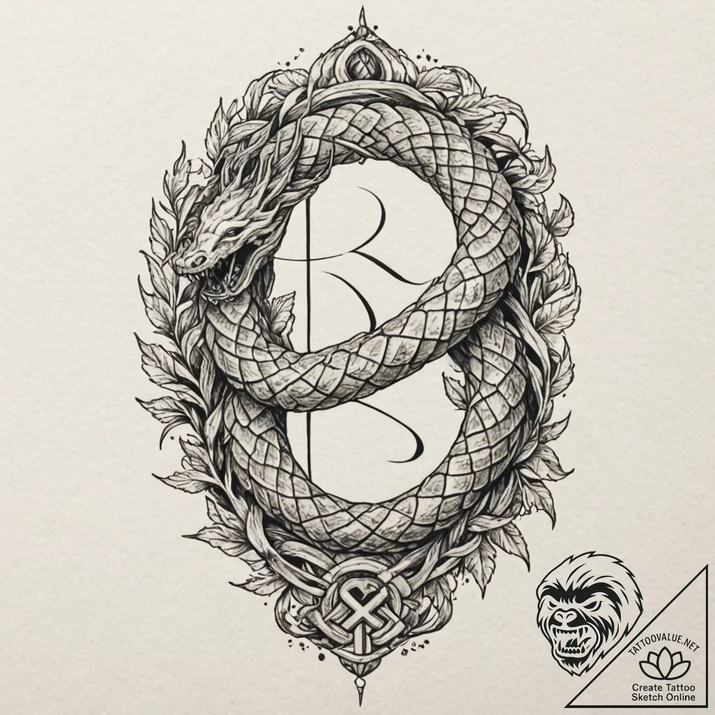 Unfurling serpent devouring rune, artistic ta... - tattoo sketch (№1753511470_0, 26.07.2025 06:31) — tattoovalue.net