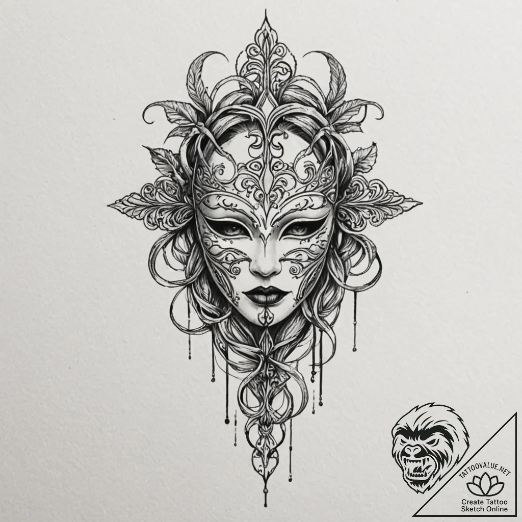 Mask bound in iron roots, tattoo drawing outl... - tattoo sketch (№1753511663_0, 26.07.2025 06:34) — tattoovalue.net