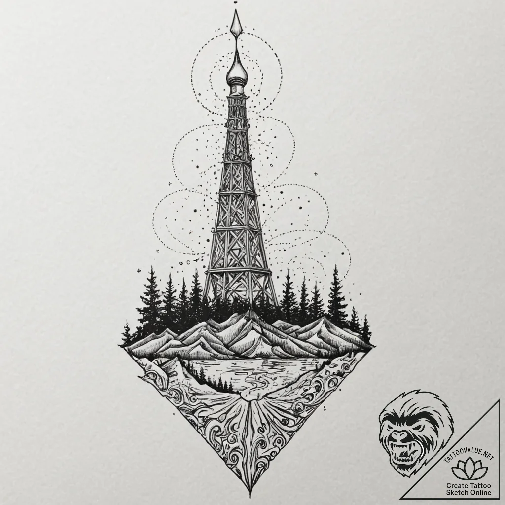 Twilight relic beneath spectral spire, tattoo... - tattoo sketch (№1753517588_0, 26.07.2025 08:13) — tattoovalue.net