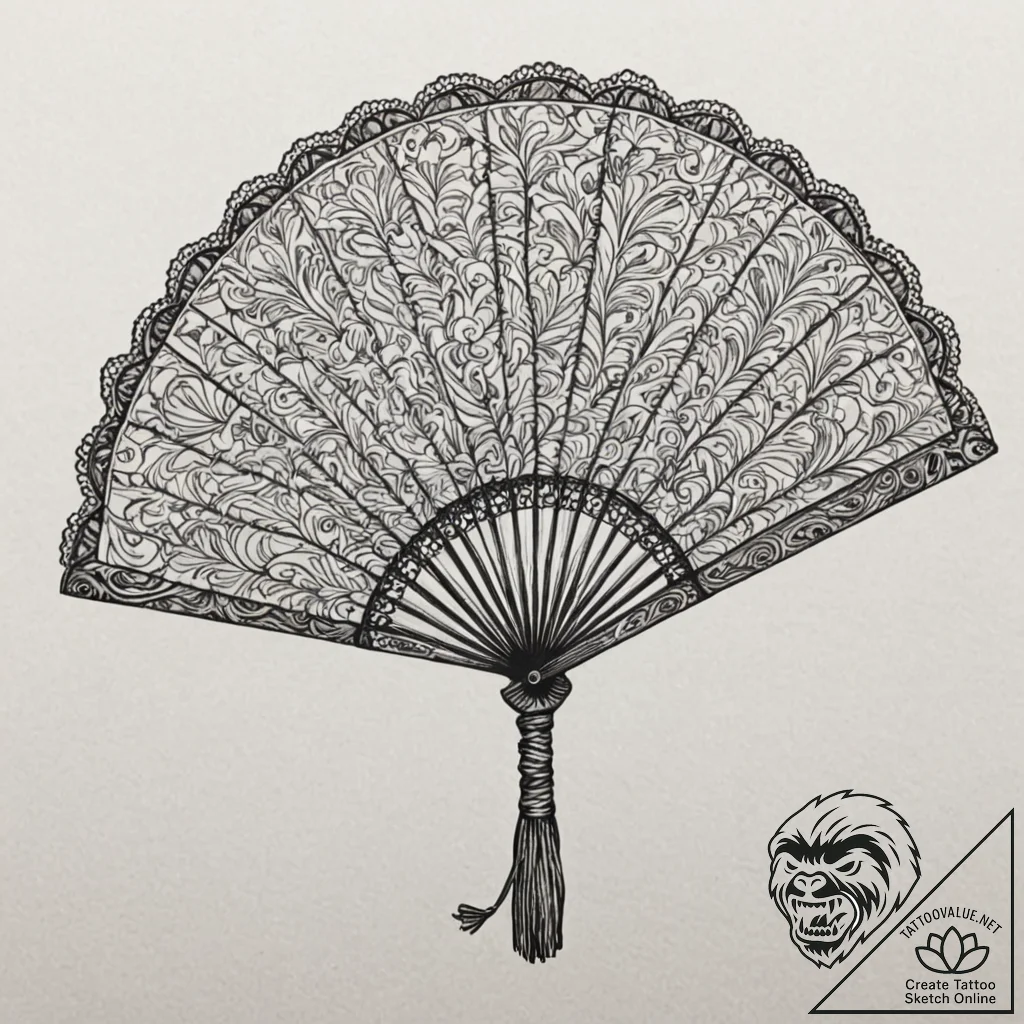 Lace fan, held by a delicate, ghostly hand, t... - tattoo sketch (№1753519375_0, 26.07.2025 08:42) — tattoovalue.net