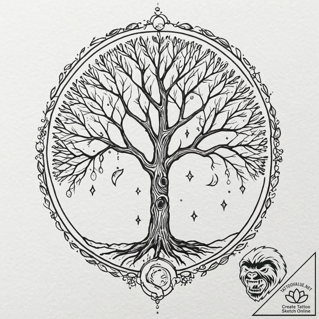 Ringed moon behind skeletal tree, tattoo flas... - tattoo sketch (№1753519761_0, 26.07.2025 08:49) — tattoovalue.net