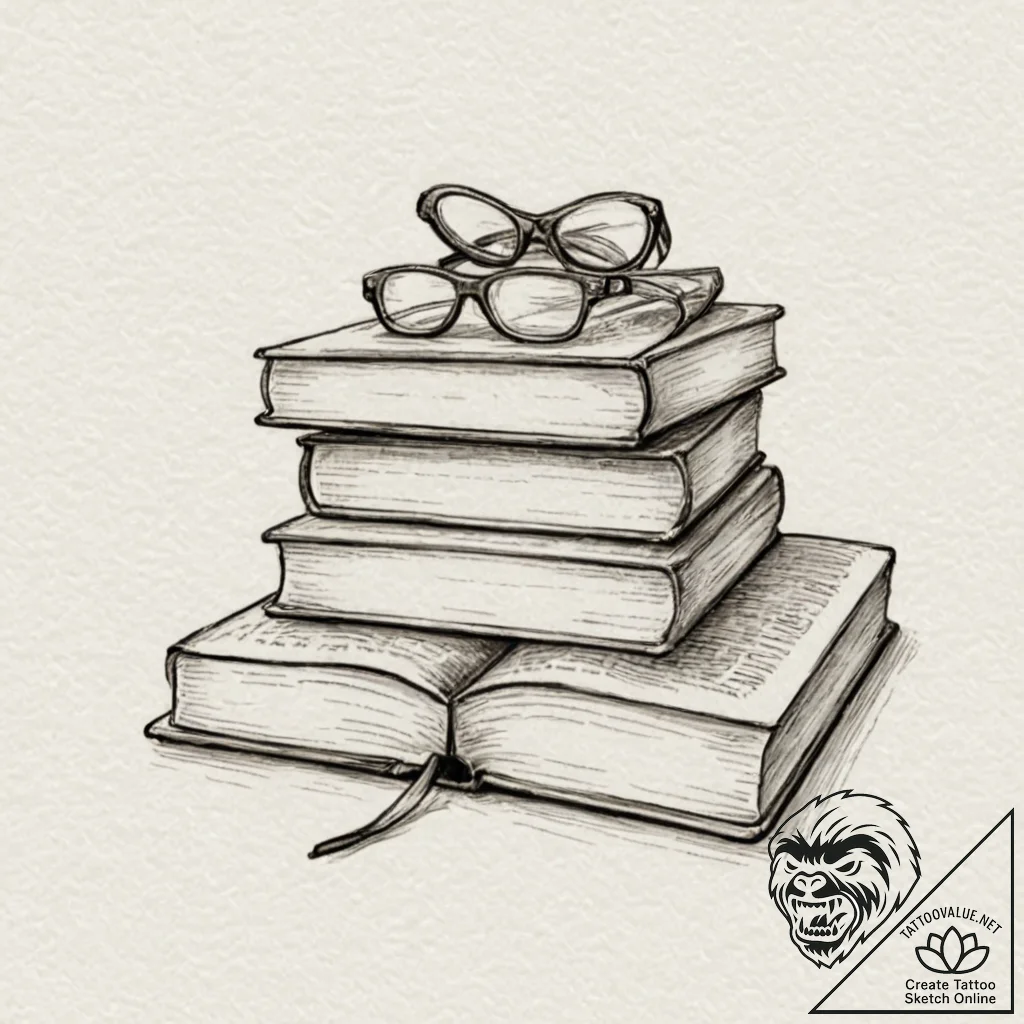 A detailed book stack, knowledge,, tattoo fla... - tattoo sketch (№1753520367_0, 26.07.2025 08:59) — tattoovalue.net