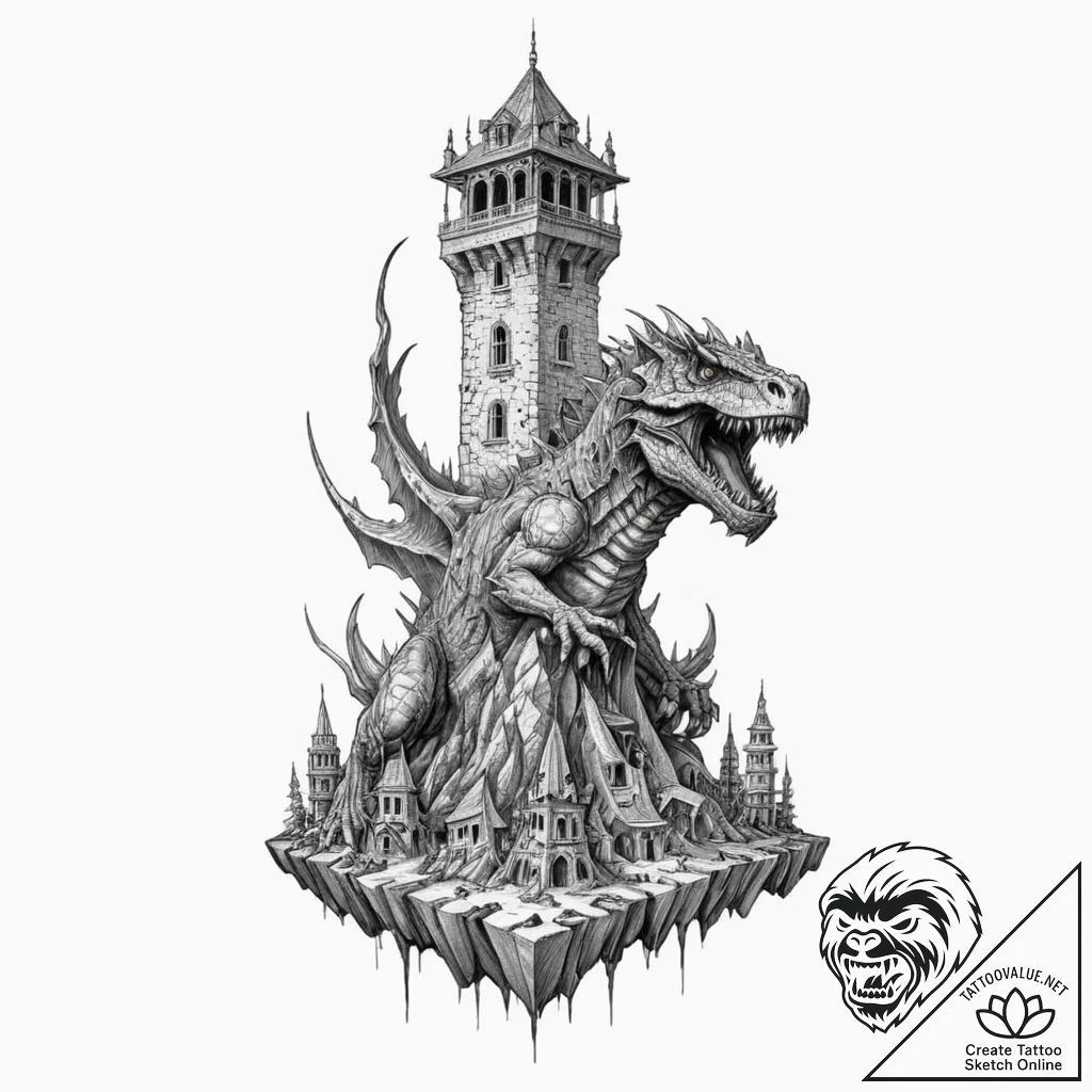 Kaiju fangs breaking bone tower, artistic tat... - tattoo sketch (№1753520561_0, 26.07.2025 09:02) — tattoovalue.net