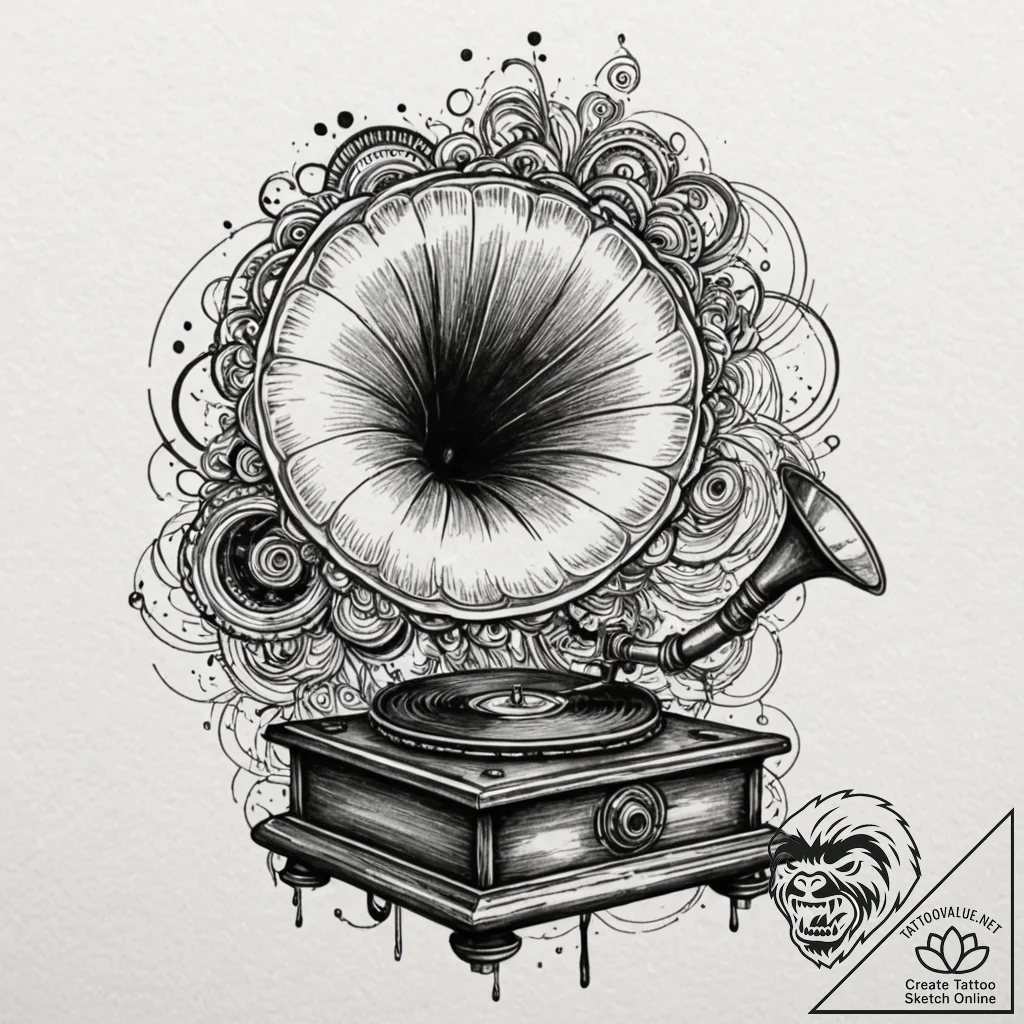 Decaying gramophone playing a silent tune, ta... - tattoo sketch (№1753521137_0, 26.07.2025 09:12) — tattoovalue.net