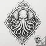 Leather-bound tome with an iron, cthulhu-shap… – tattoo sketch (№1753521525_0, 26.07.2025 09:18) — tattoovalue.net