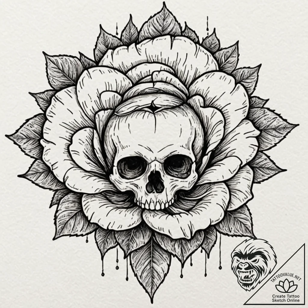 Abyssal rose blooming in skull eye socket, ta... - tattoo sketch (№1753522728_0, 26.07.2025 09:38) — tattoovalue.net
