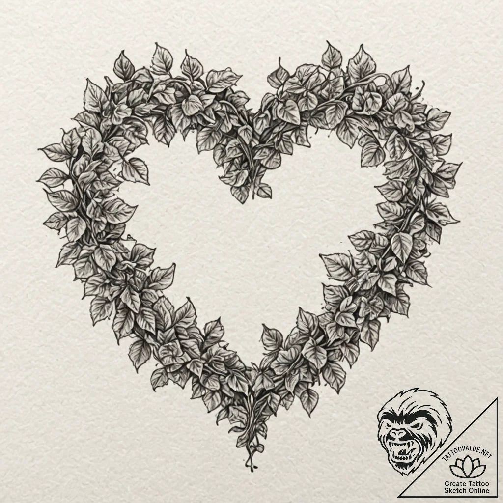 Vine of ivy forming a heart shape on a stone... - tattoo sketch (№1753523127_0, 26.07.2025 09:45) — tattoovalue.net